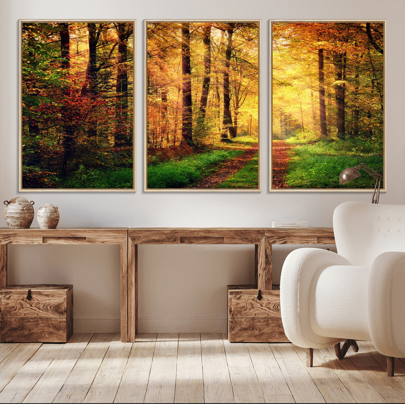 73494-MGV-CV-36X24-Golden Autumn Forest Path Wall Art – Sunlit Woodland Canvas Print, Fall Nature Landscape Home Decor