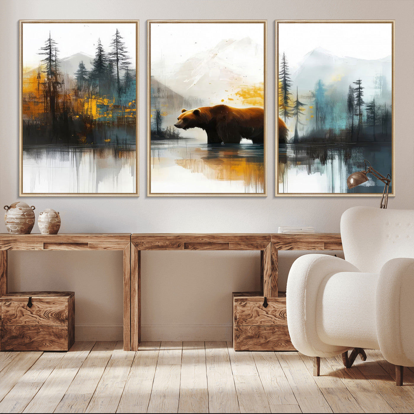 A majestic bear stands by the serene waters of a misty forest, surrounded by towering trees and distant mountains, evoking the raw beauty and wild spirit of nature.