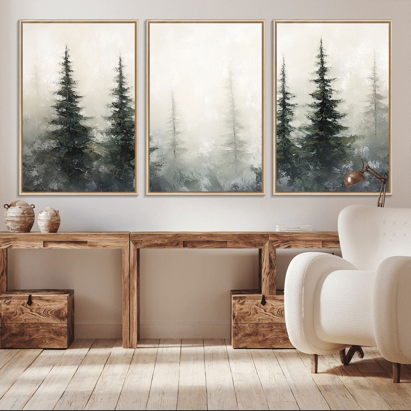 Soft and misty pine forest painting in neutral earthy tones, ideal for calm woodland or minimalist rustic home decor.