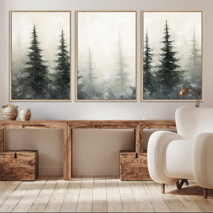 Soft and misty pine forest painting in neutral earthy tones, ideal for calm woodland or minimalist rustic home decor.