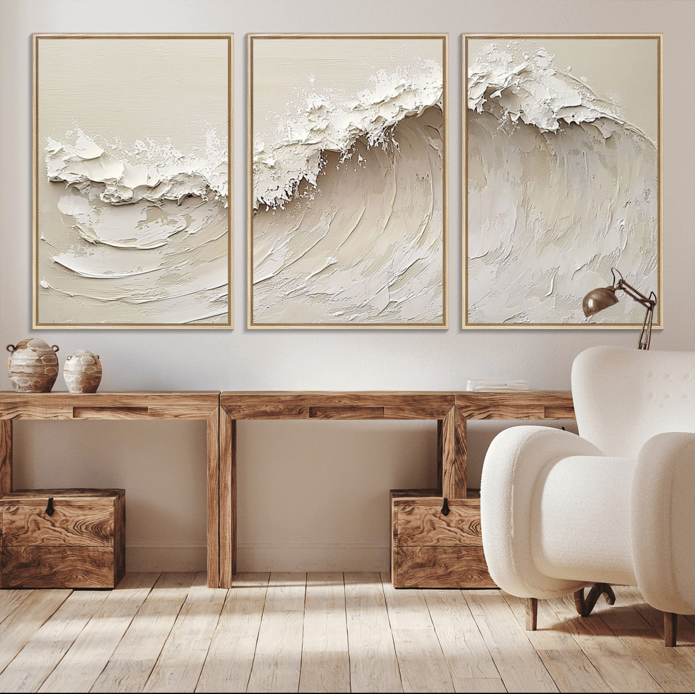 Textured canvas of an abstract white ocean wave in neutral tones, ideal for modern coastal or minimalist home decor.