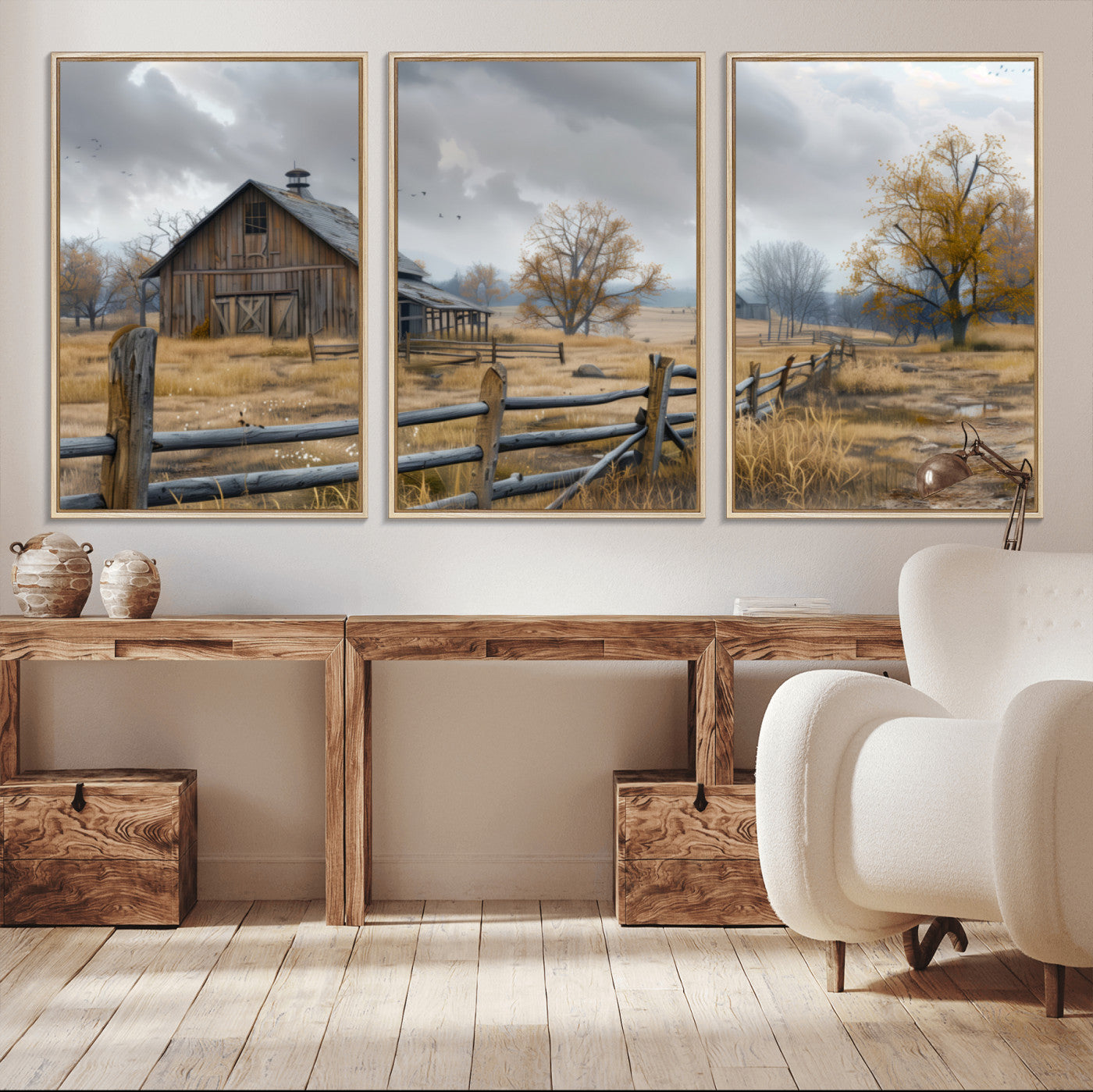 A tranquil rural scene featuring a rustic barn, overcast skies, and golden fields with scattered trees, evoking a sense of peaceful solitude in nature.