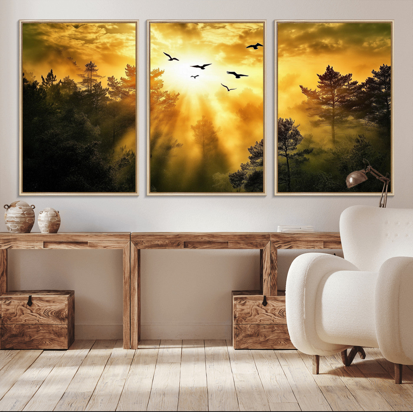 Canvas of a golden forest at sunset with birds flying through glowing sunbeams and silhouetted pine trees, ideal for warm-toned rustic decor.