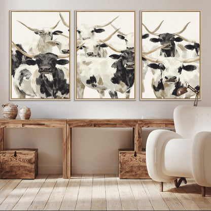 Canvas of a Texas Longhorn cattle herd in neutral black and white tones, ideal for rustic farmhouse or western-themed decor.