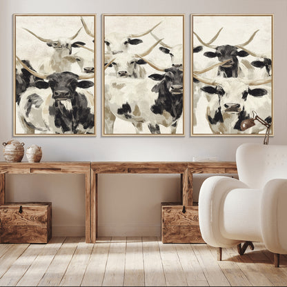 Canvas of a Texas Longhorn cattle herd in neutral black and white tones, ideal for rustic farmhouse or western-themed decor.