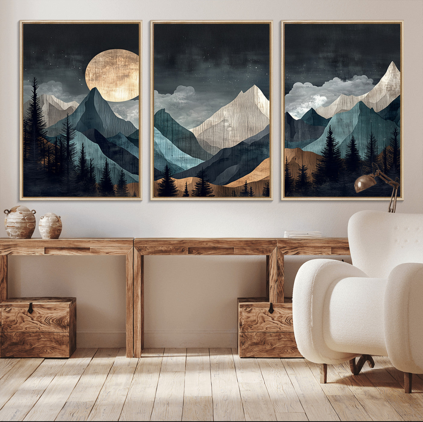 Stylized canvas of layered mountains under a full moon in neutral moody tones, ideal for nature-inspired or modern rustic interiors.