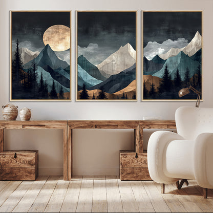 Stylized canvas of layered mountains under a full moon in neutral moody tones, ideal for nature-inspired or modern rustic interiors.
