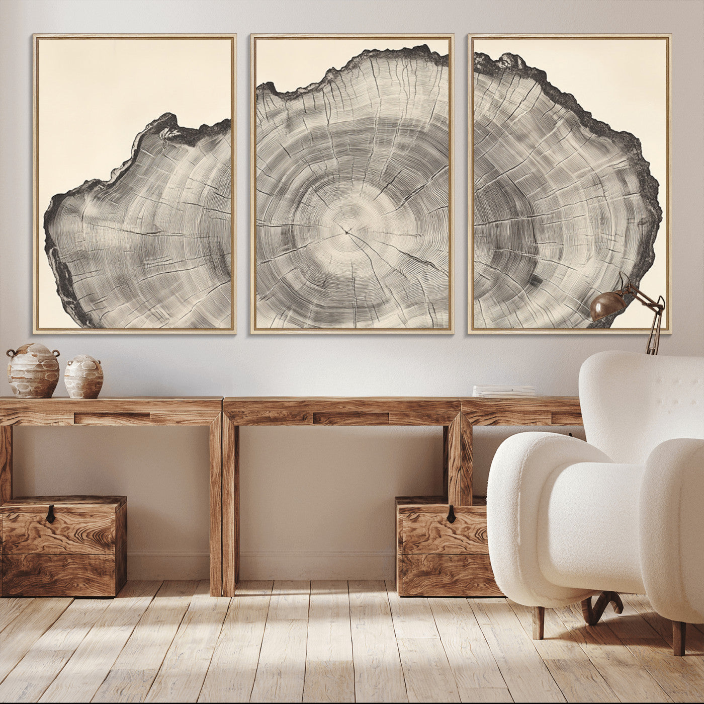 Detailed tree ring drawing in monochrome tones, ideal for rustic or nature-inspired interiors with a minimal decor aesthetic.