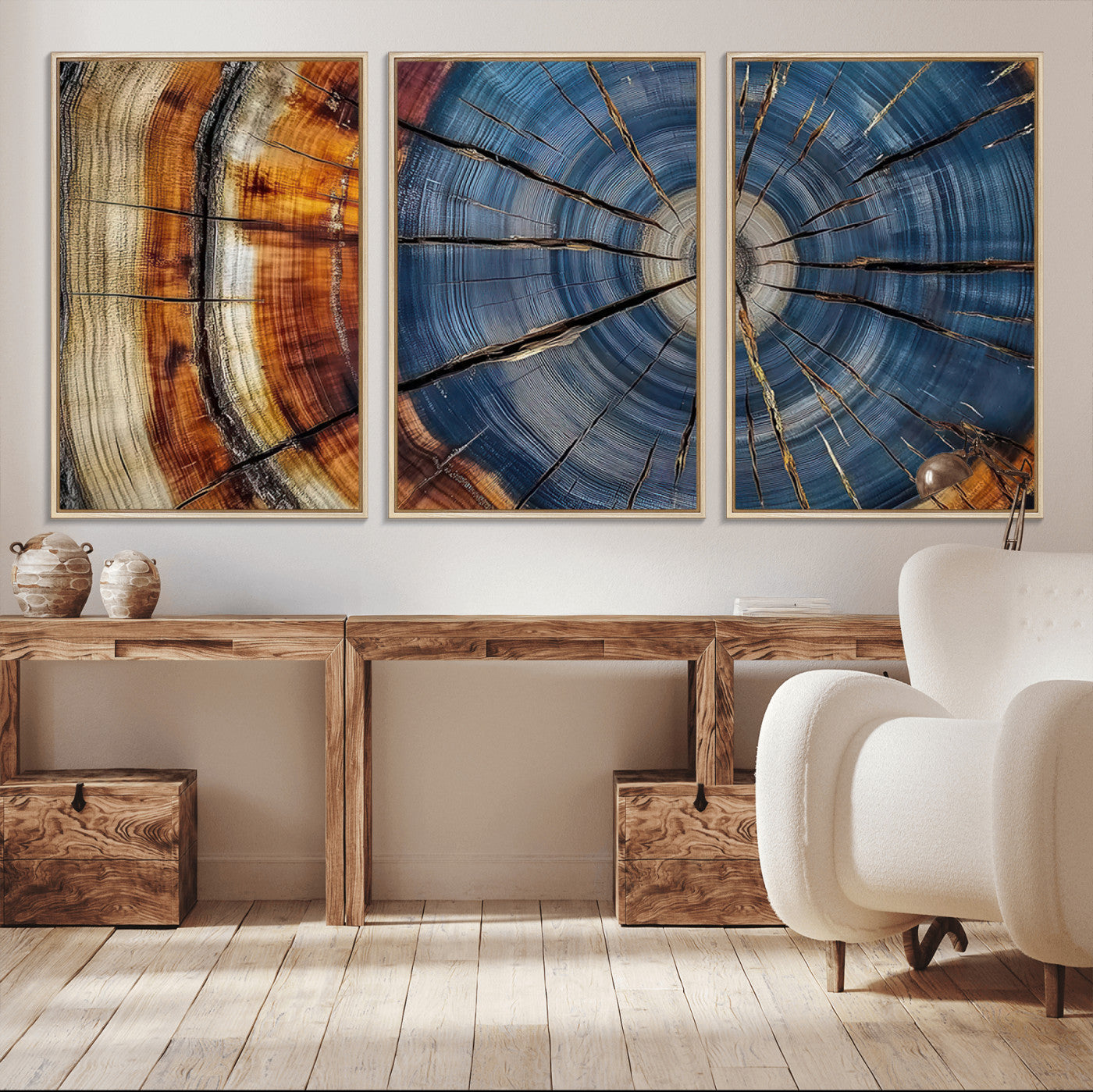 A stunning close-up view of a tree trunk, showcasing the intricate growth rings in a vibrant mix of warm browns, cool blues, and hints of natural texture.