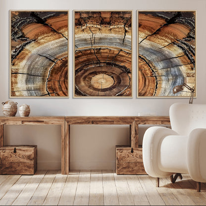 Canvas of tree rings and natural wood grain in earthy tones, ideal for rustic or vintage-inspired home decor with organic textures.