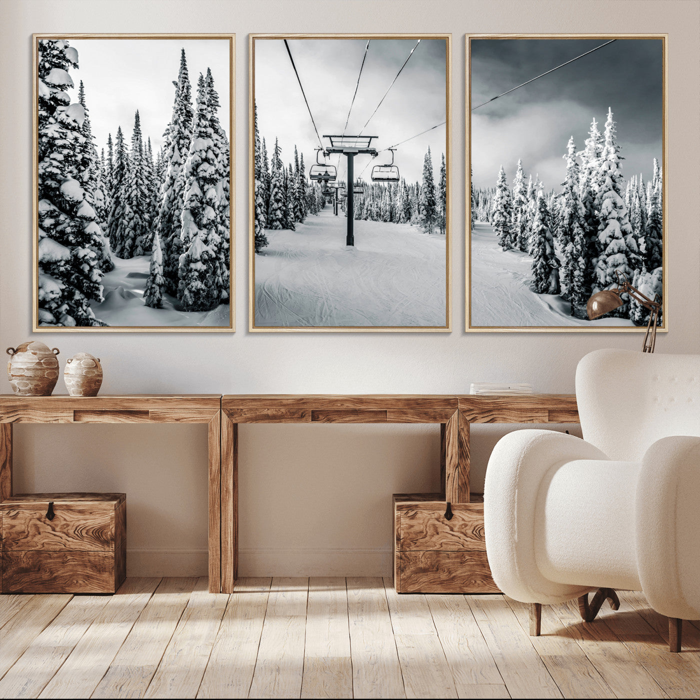 Canvas of a snowy ski lift scene through a forest of tall pine trees, ideal for moody winter or alpine-themed home decor.