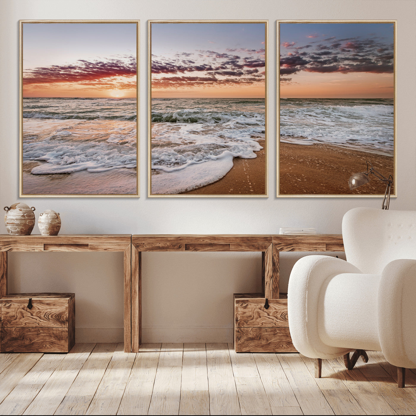 Canvas of a sunset over a foamy ocean shore with warm light and gentle waves, ideal for coastal or beach-themed home decor.