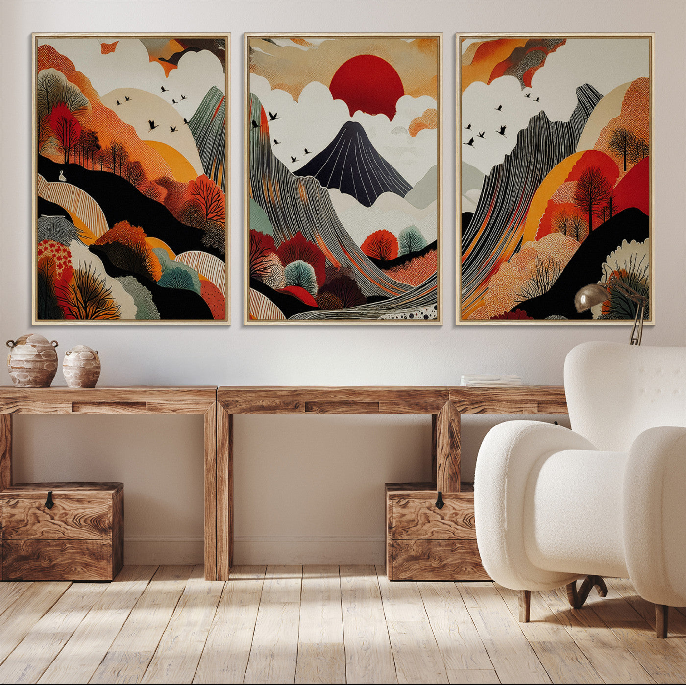 Abstract Mountain Wall Art Canvas Print, Vibrant Landscape Print, Framed Stylized Nature Drawing Art Print, Large Sunset Mountains Printing Perfect for Contemporary Minimalist Decor