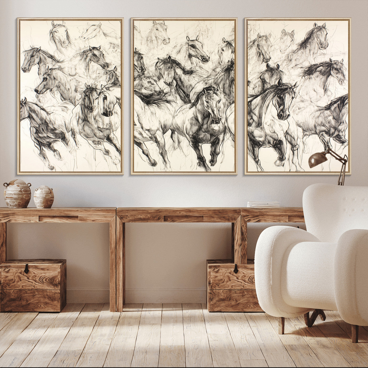 Monochrome ink sketch of galloping horses in dynamic motion, perfect for western or equine-themed wall decor with bold artistic energy.