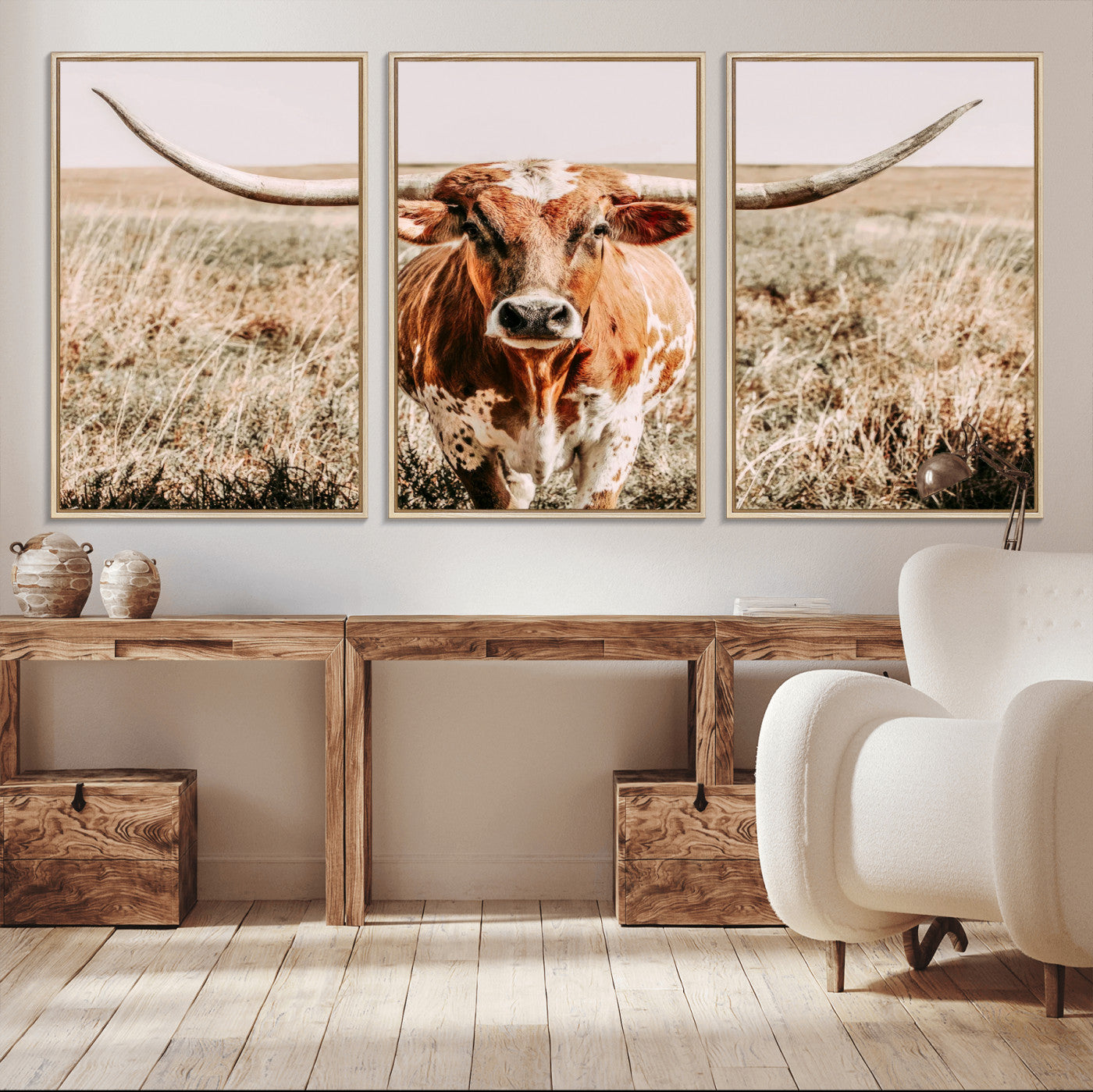 Framed longhorn cow canvas wall art with rustic prairie background, western animal print perfect for farmhouse or ranch style decor