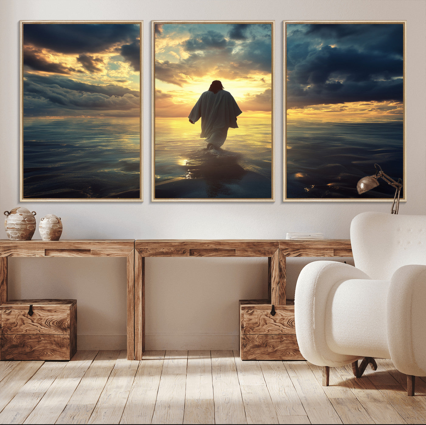 Spiritual artwork of Jesus walking on water at golden hour with divine light, ideal for Christian home decor or prayer room.