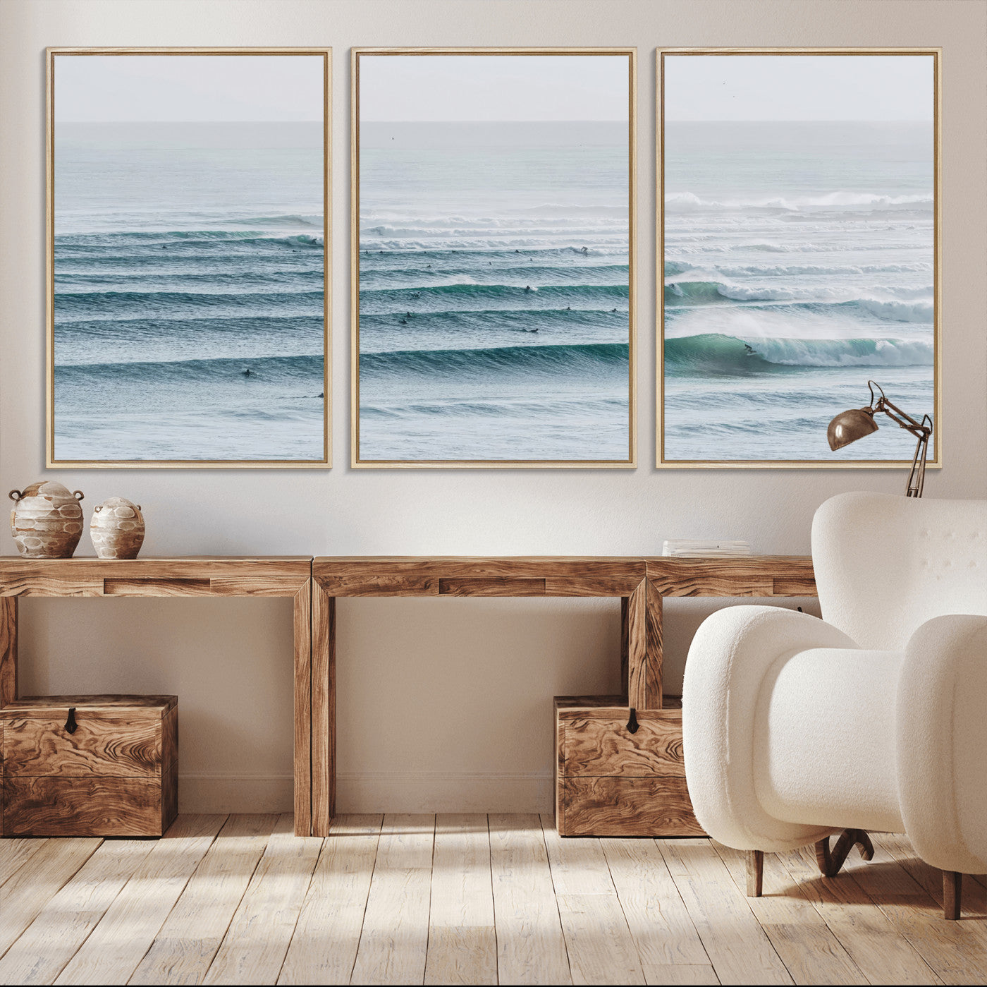 High-angle view of surfers lining up across layered ocean waves, ideal for minimal coastal or surf-inspired room decor.