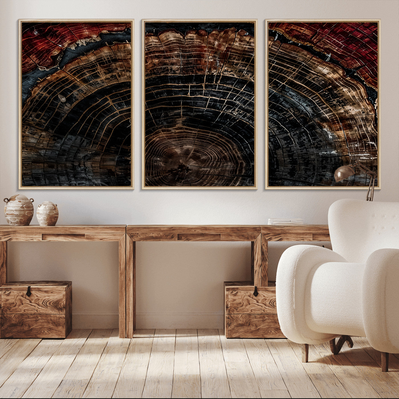 Dark Wood Wall Art Print - Petrified Tree Canvas Print, featuring an intricate tree ring pattern with deep earthy tones and organic textures, perfect for rustic and nature-inspired decor.