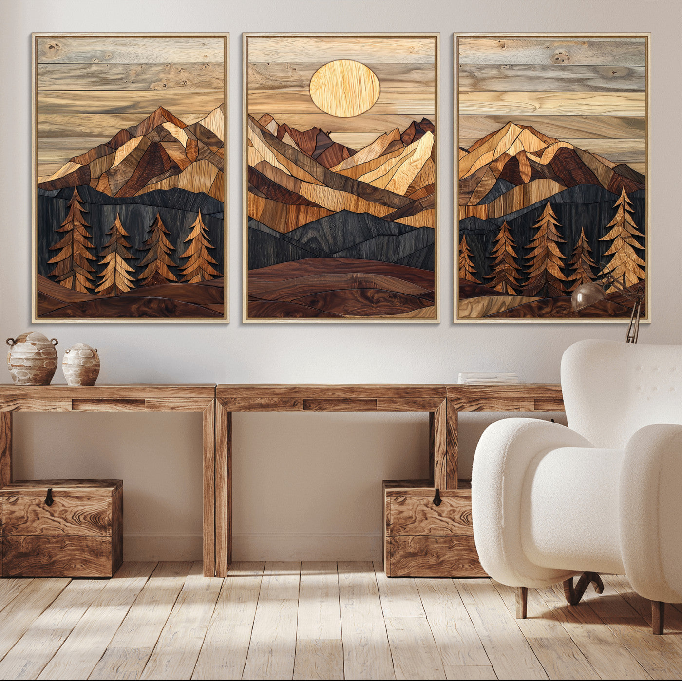 Mountain Landscape Wall Art Print - Sunset Hills Canvas Print, featuring an abstract nature scene with earthy tones and misty peaks, perfect for boho and modern decor.