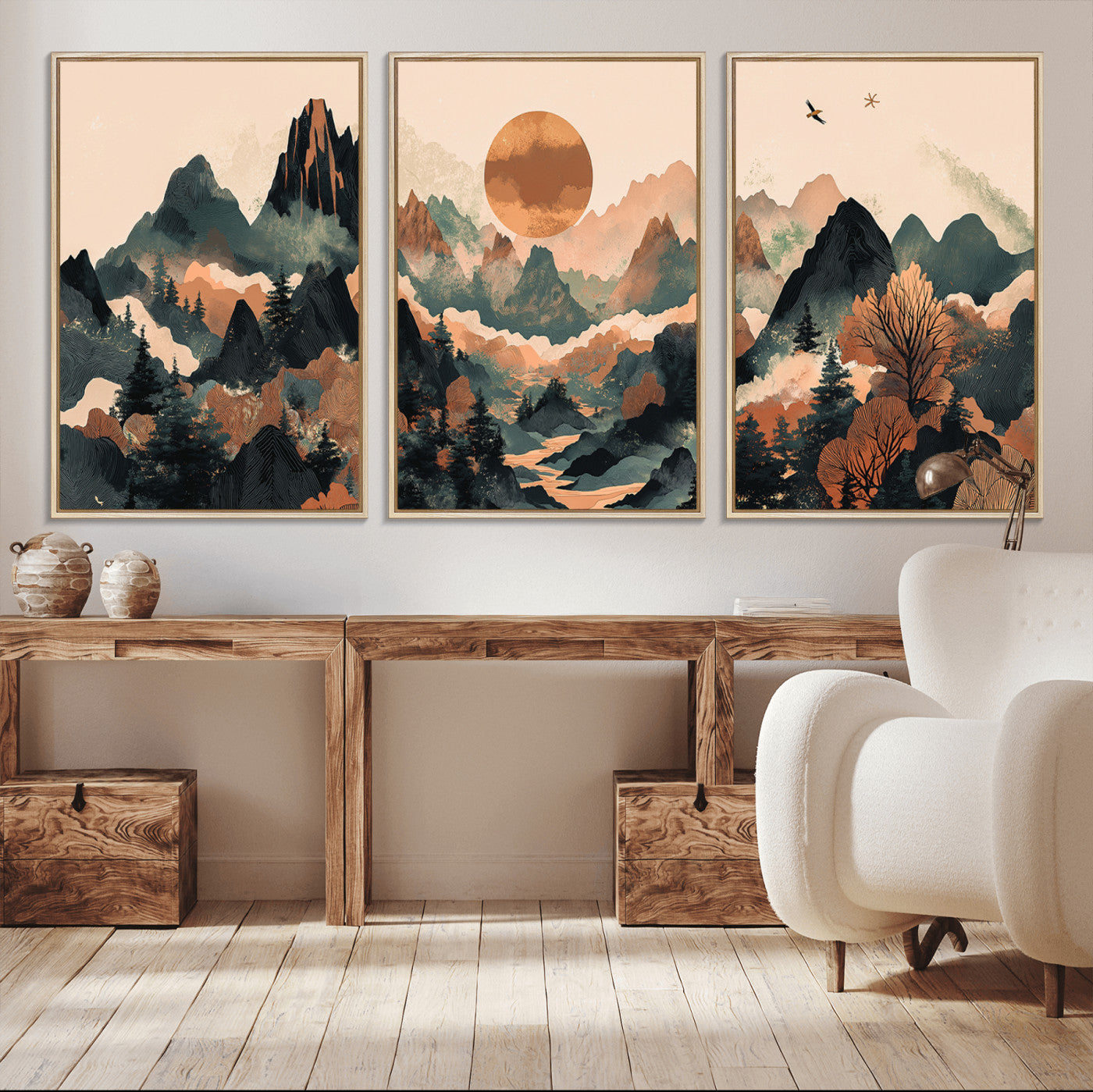 Mountain Landscape Wall Art Print - Sunset Hills Canvas Print, featuring an abstract nature scene with earthy tones and misty peaks, perfect for boho and modern decor.
