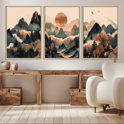 Mountain Landscape Wall Art Print - Sunset Hills Canvas Print, featuring an abstract nature scene with earthy tones and misty peaks, perfect for boho and modern decor.