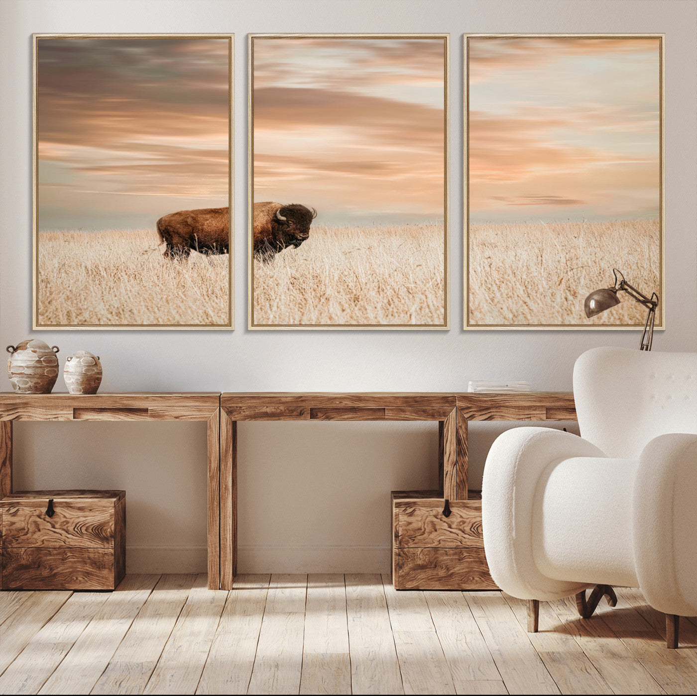 Bison Wall Art Print - Buffalo Canvas Print, featuring a lone bison in a golden prairie under a warm sunset sky, perfect for rustic and farmhouse decor.