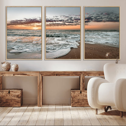 Ocean Sunset Wall Art Print - Beach Waves Canvas Print, featuring a serene seascape with golden sunlight reflecting on gentle waves, perfect for coastal and minimalist decor.