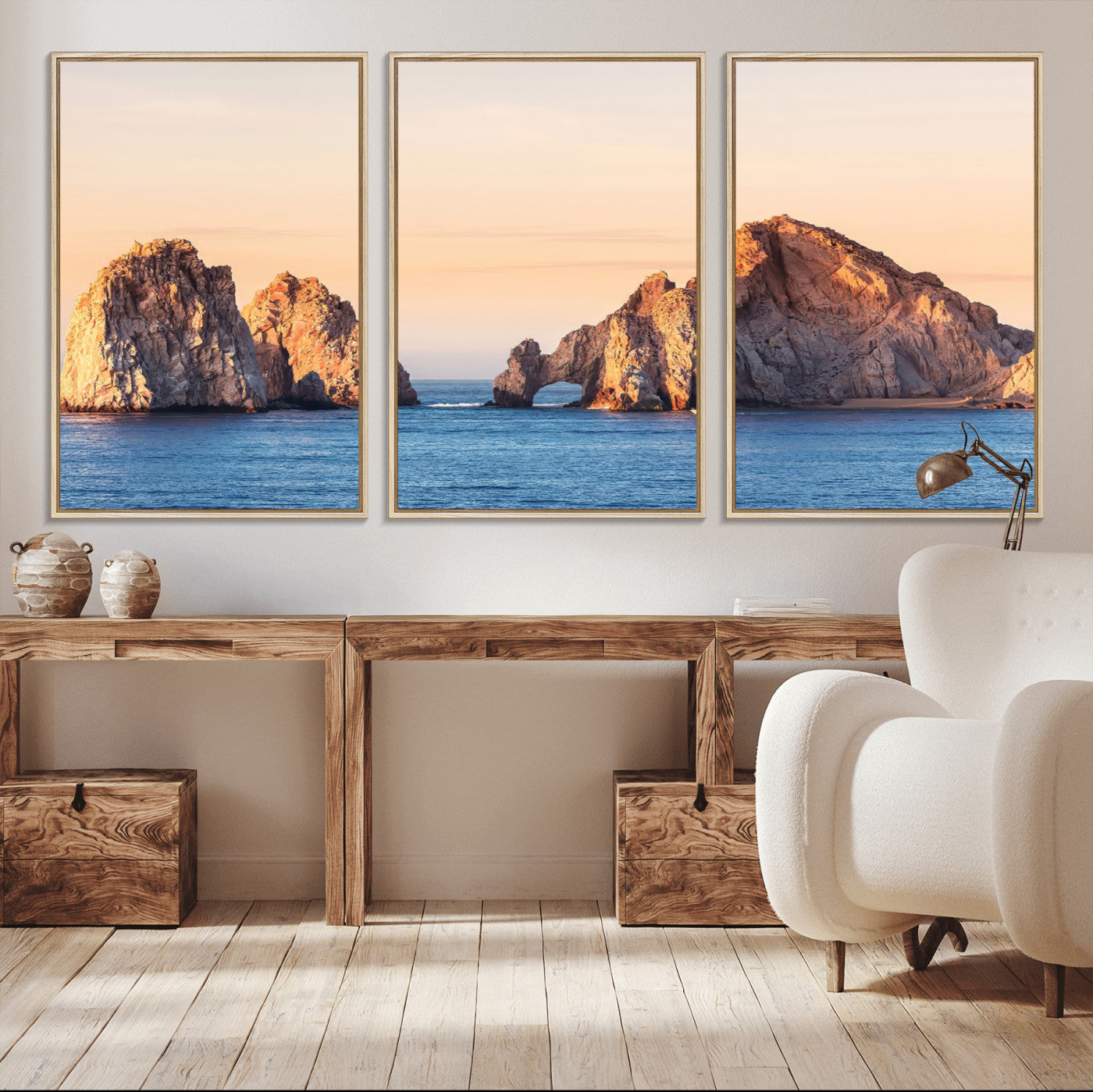 Framed canvas of El Arco rock formation in Cabo San Lucas at golden hour, ideal for coastal landmark or ocean-inspired decor.