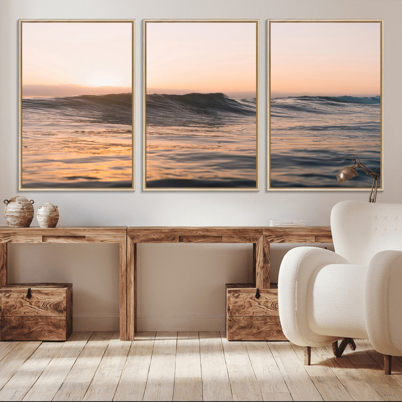 Framed canvas of ocean waves glowing in sunset light, ideal for golden hour calm or peaceful coastal-inspired wall decor.
