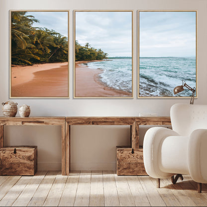 Framed canvas of a tropical beach with palm trees and soft waves, ideal for coastal escape or serene nature-inspired home decor.