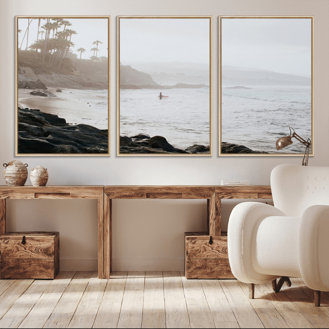 Framed canvas of a surfer in misty coastal tones at a foggy California beach, ideal for minimalist coastal beach or serene ocean-themed decor.