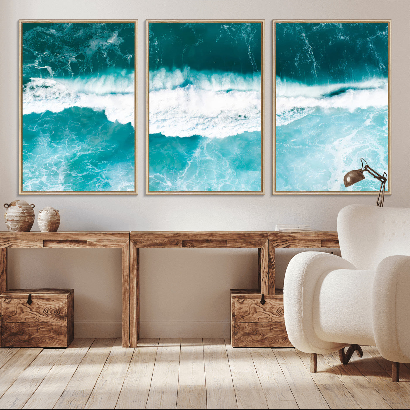 Aerial view of turquoise ocean waves crashing with white foam, perfect for tropical coastal or modern beach-style home decor.