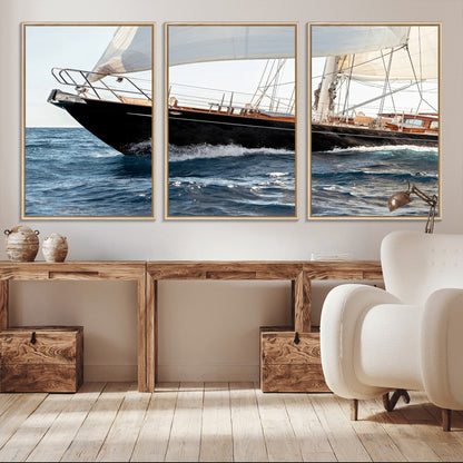 Close-up of a classic sailing yacht with wooden deck and full sails, perfect for nautical or coastal-style decor in ocean-themed spaces.