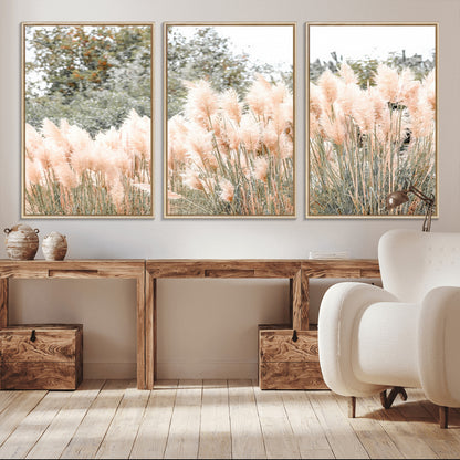 Soft pastel pampas grasses in a natural setting, ideal for neutral boho or rustic botanical-style interior wall decoration.