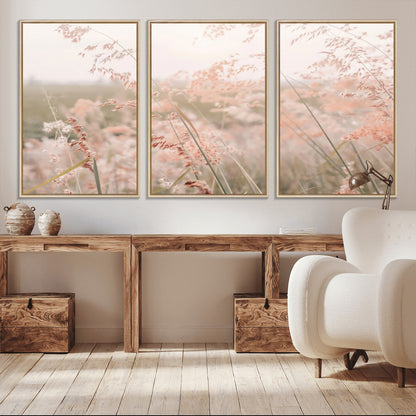 Soft pastel field with wild grasses in warm light, ideal for minimal nature or airy countryside-inspired interior wall decoration.