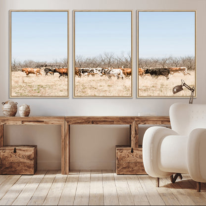 Framed wall art of Texas longhorn cattle walking through a dry, neutral-toned prairie, perfect for rustic farmhouse or western-themed home decor.