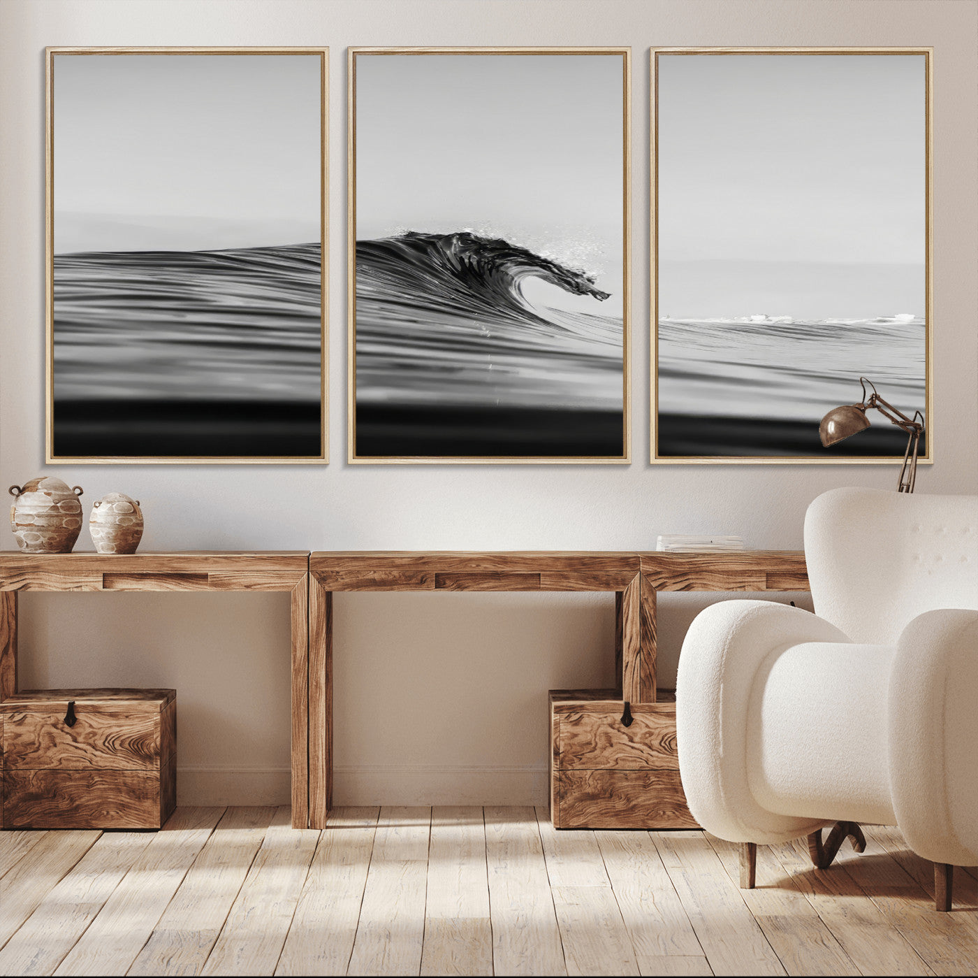 Striking black and white photo of a curling wave, ideal for modern coastal or minimalist wall decor settings.