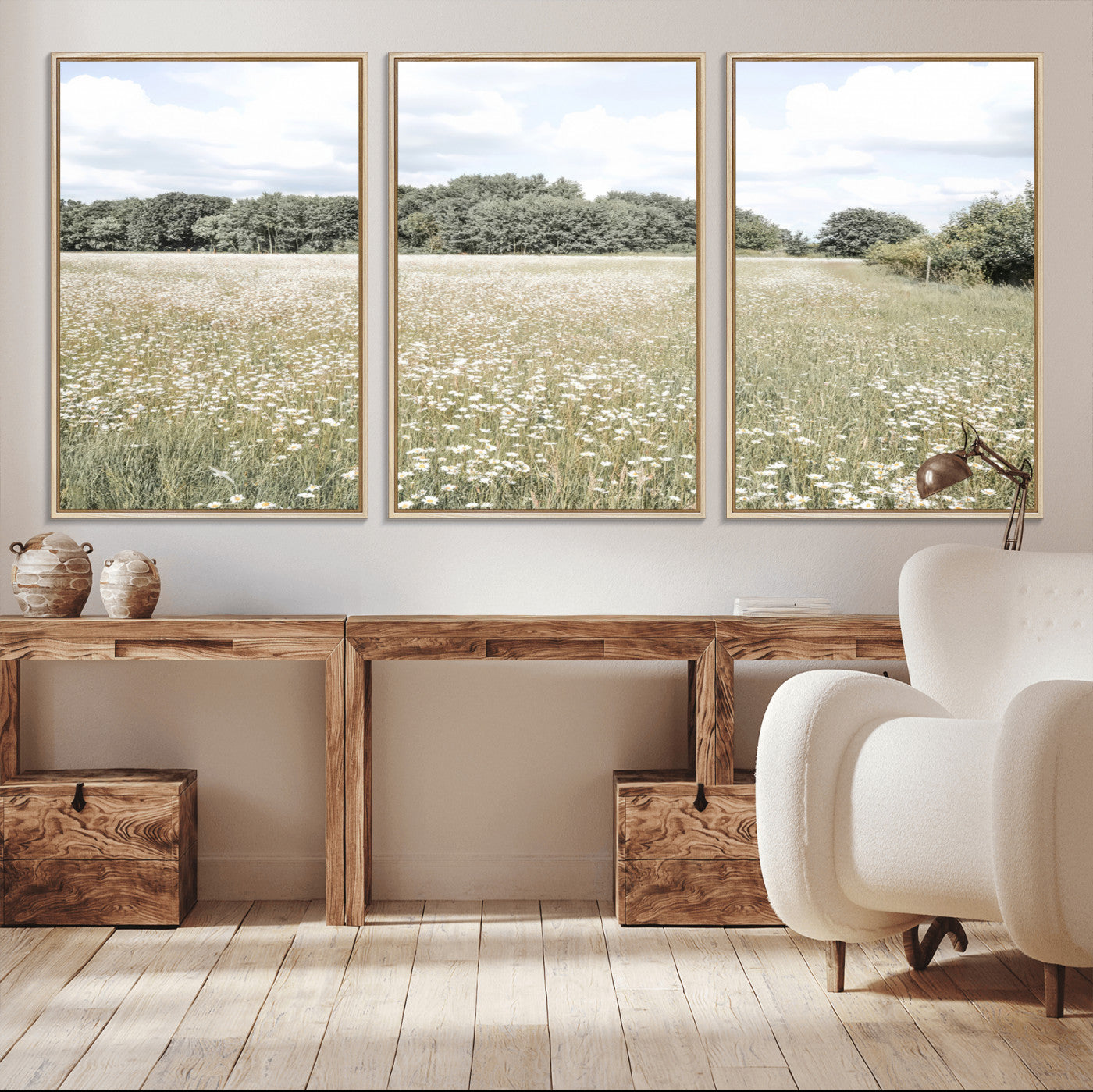 Soft-toned image of a wild daisy field under a cloudy sky, ideal for neutral or Scandinavian-inspired home decor.