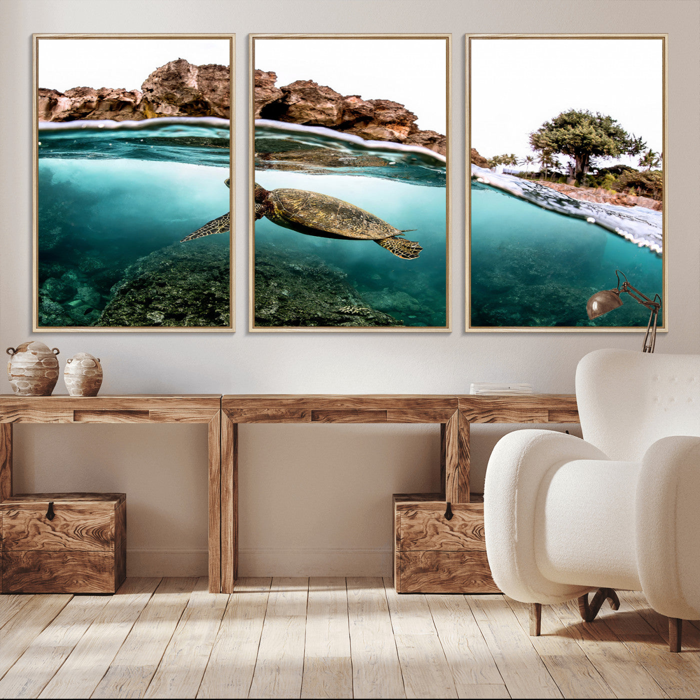 Dynamic split-view photo of a sea turtle swimming near rocky shores, perfect for vibrant coastal or tropical beach home decor.