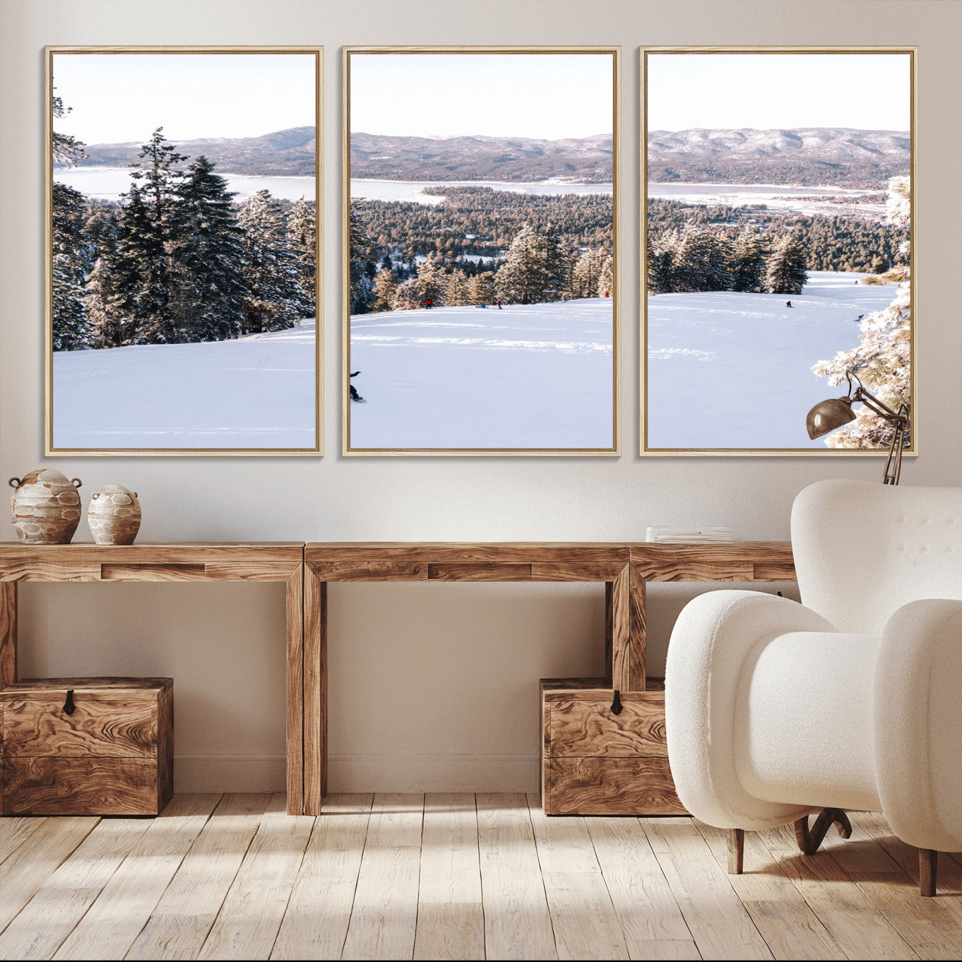 Canvas of a snowy mountain ski slope with pine trees and bright winter light, ideal for modern rustic or alpine-inspired home decor.