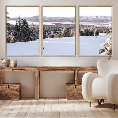 Canvas of a snowy mountain ski slope with pine trees and bright winter light, ideal for modern rustic or alpine-inspired home decor.