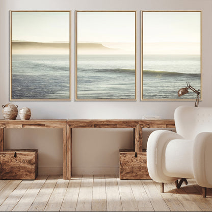 Canvas of a misty ocean scene with coastal cliffs and soft neutral tones, ideal for Scandinavian coastal or minimalist nature-inspired home decor.
