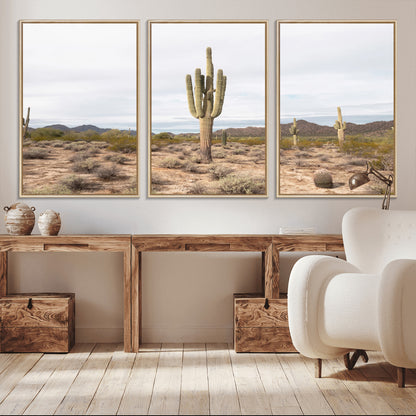 Canvas of a saguaro cactus in an earthy Sonoran desert landscape, ideal for Southwestern Boho or desert minimalism inspired home decor.   2/2