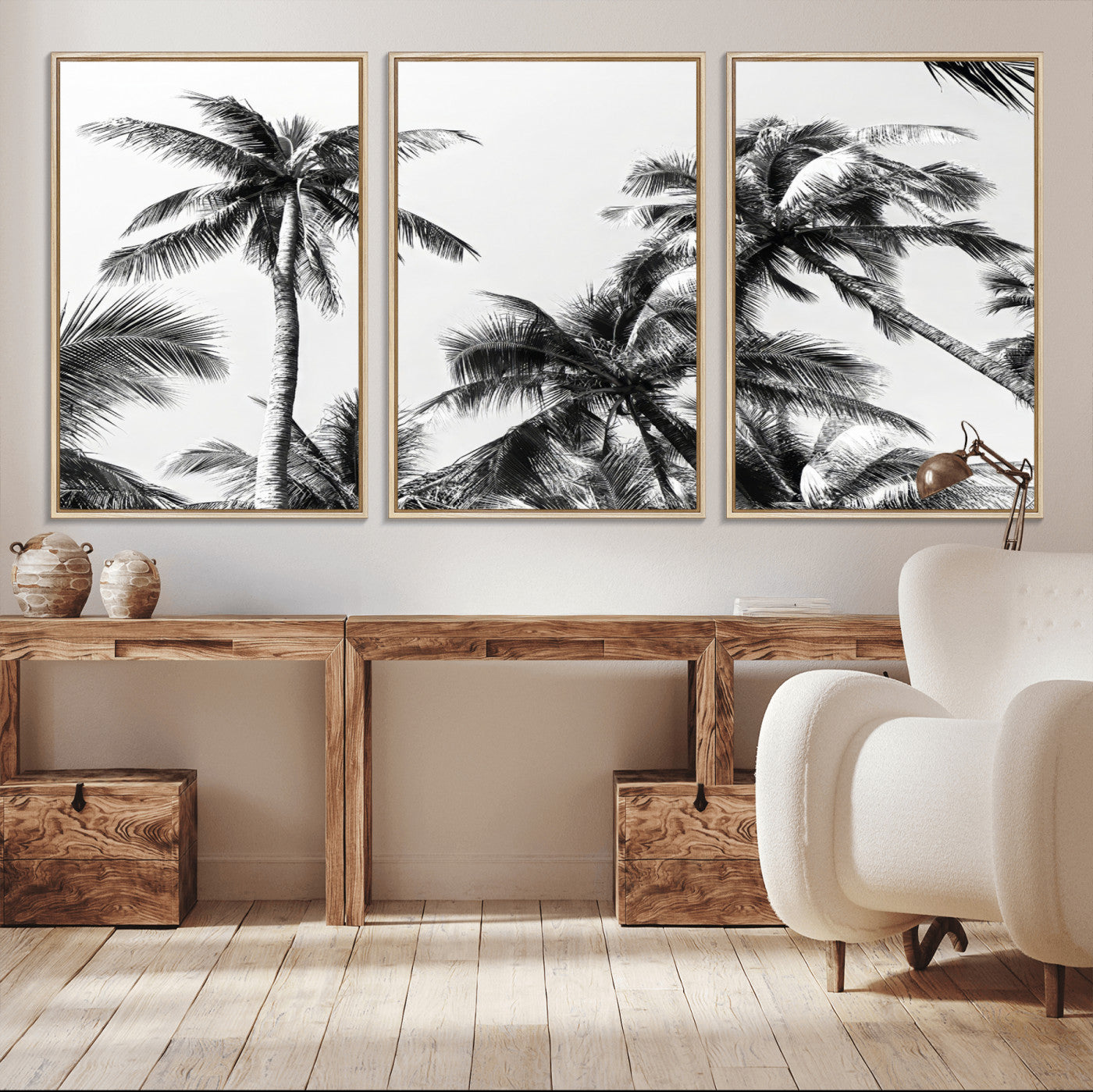 Black and white canvas of tall palm trees in moody tones, perfect for modern tropical minimalist or coastal-style home decor.