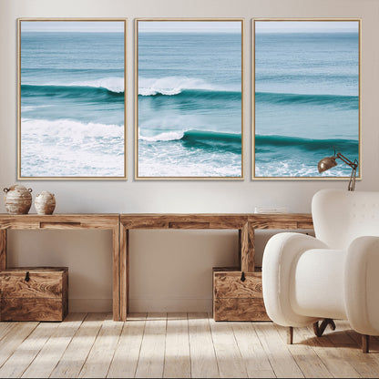 Powerful ocean waves rolling towards the shore, their turquoise hues blending with white sea foam under an open horizon, capturing the essence of the ocean's movement.