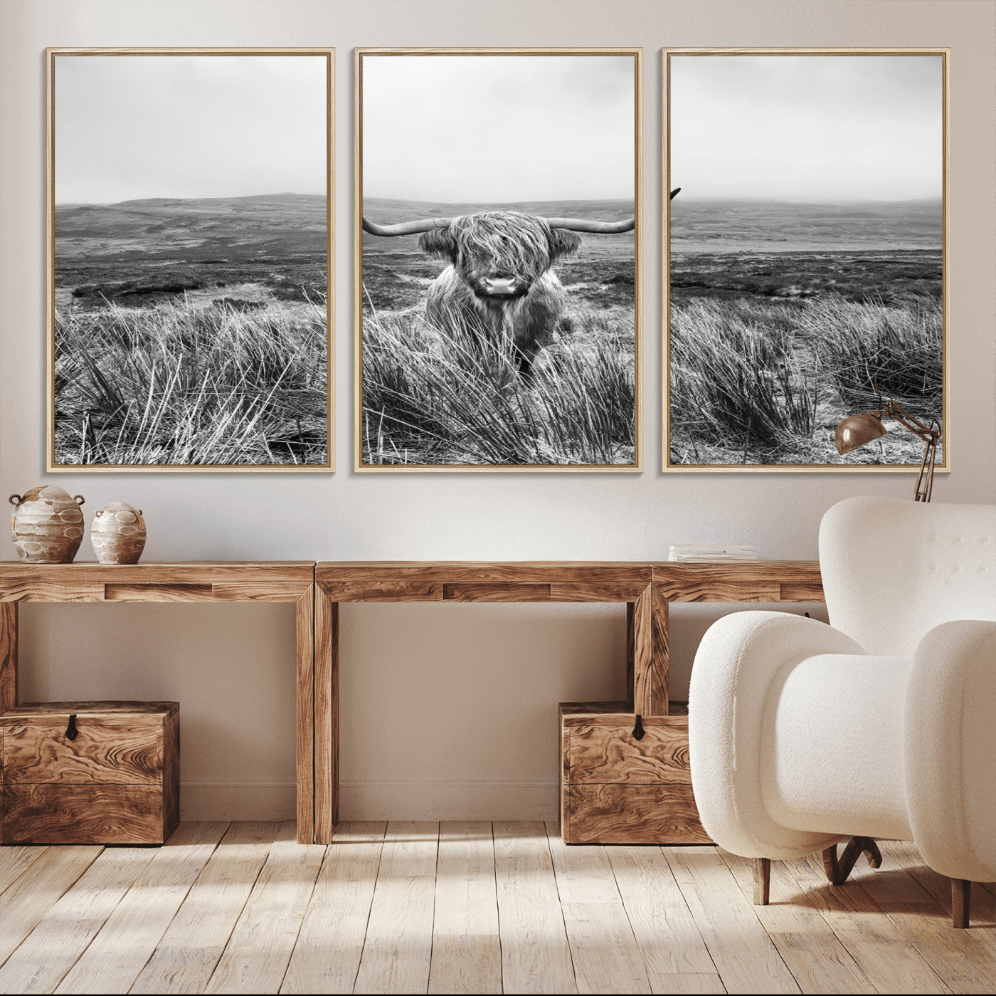 A black and white portrait of a Highland cow in a foggy Scottish countryside, capturing a rustic aesthetic and tranquil farm escape.