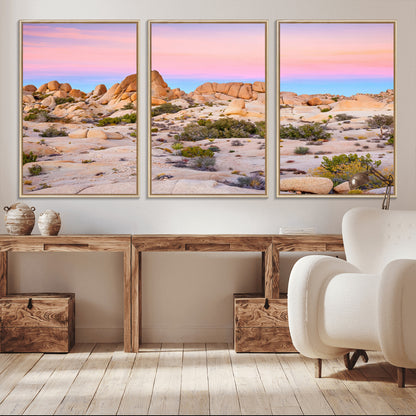 A breathtaking desert landscape featuring rugged rock formations under a vibrant pastel sunset sky, capturing the warmth and serenity of a Southwestern wilderness.