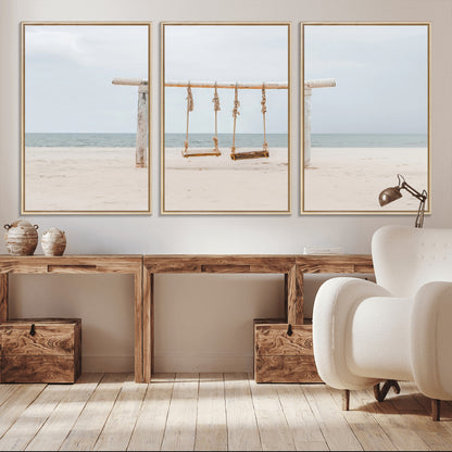 A rustic wooden beach swing stands on a serene sandy shore with an ocean horizon in the background, creating a tranquil and dreamy coastal escape.