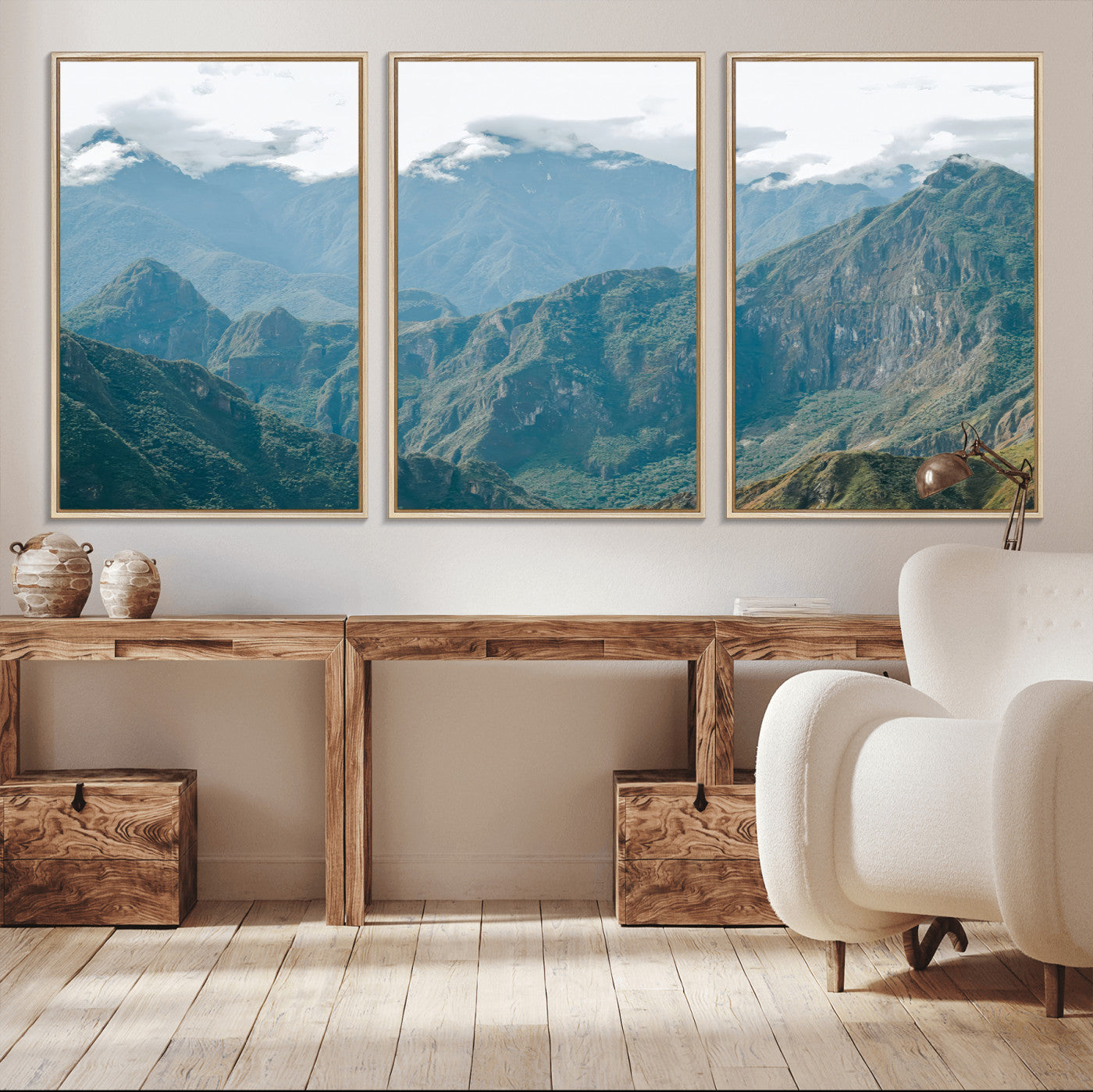 A misty mountain landscape with cloud-covered Andean peaks and lush green valleys, creating a dramatic and serene view, perfect for rustic or nature-inspired home decor.