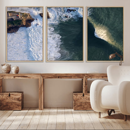 Canvas showing an aerial view of crashing waves along the Nazaré coastline, perfect for dramatic coastal or ocean-themed home decor.